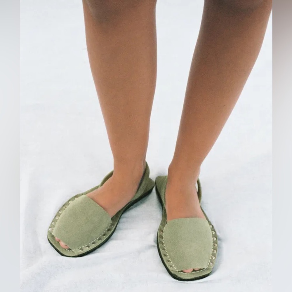 Zara RIA collaboration handcrafted leather sandals, neutral sage green